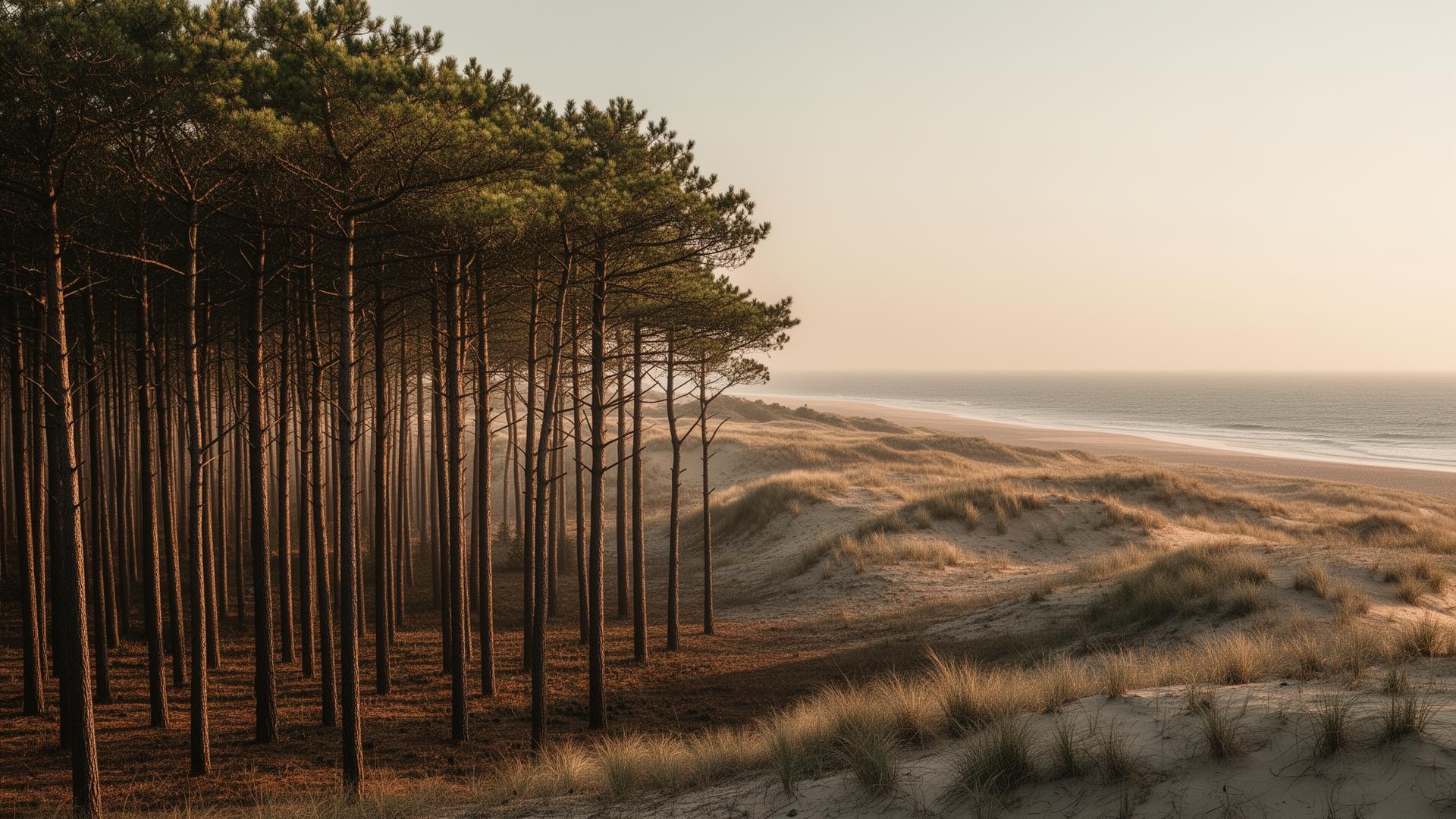 Forêt de pins et dunes des Landes au lever du jour